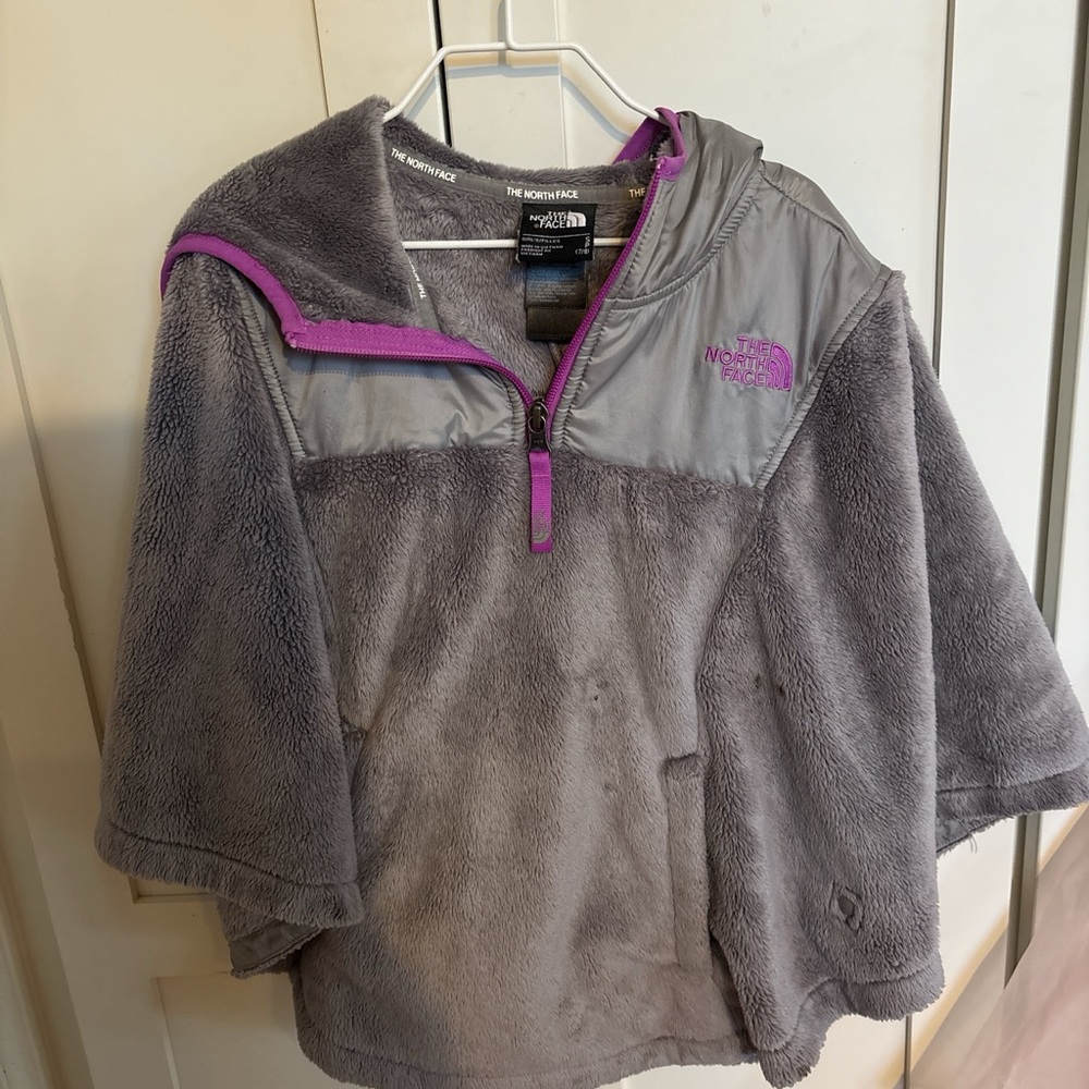 The North Face Kids Gray Fleece Pullover Cape with Purple Trim